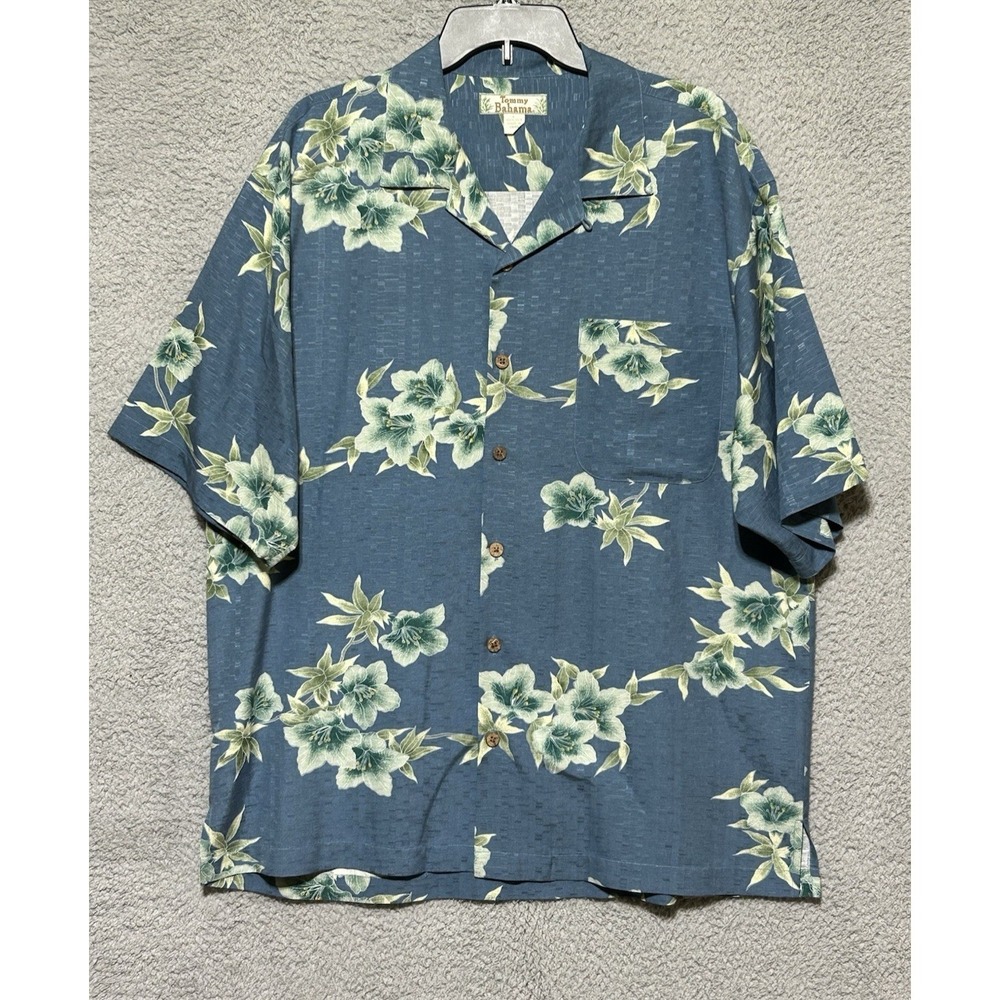 Vintage Tommy Bahama Shirt Mens Large Floral 100% Silk Hawaiian Loop Collar Camp